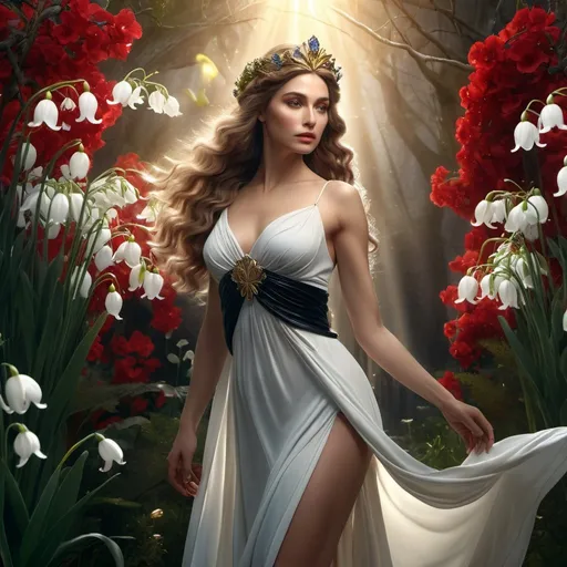 Prompt: HD 4k 3D 8k professional modeling photo hyper realistic beautiful woman English Princess ethereal greek goddess gorgeous face full body surrounded by ambient glow, snowdrop flowers vegetation, enchanted, magical, detailed, highly realistic woman, high fantasy background, elegant, mythical, surreal lighting, majestic, goddesslike aura, red and black flowers, Annie Leibovitz style 

