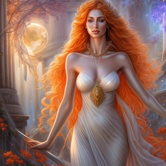 Prompt: HD 4k 3D, hyper realistic, professional modeling, ethereal Greek goddess of healing, red and orange hair, tan skin, gorgeous face, gorgeous sorceress gown, crystal jewelry and diadem, full body, ambient glow, healing goddess, clean white mystical landscape, detailed, elegant, ethereal, mythical, Greek, goddess, surreal lighting, majestic, goddesslike aura