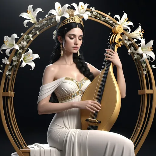 Prompt: HD 4k 3D, hyper realistic, professional modeling, ethereal Greek Muse of Lower Chord of the Lyre, dark black hair, ivory skin, gorgeous face, grecian embellished gown, diamond jewelry and tiara, full body, petite, playing lyre, white lilies, swans, detailed, elegant, ethereal, mythical, Greek, goddess, surreal lighting, majestic, goddesslike aura