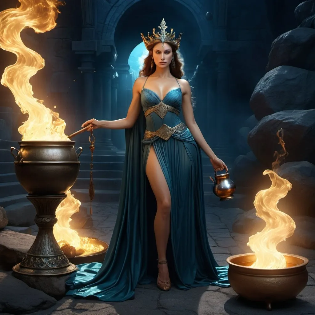 Prompt: HD 4k 3D 8k professional modeling photo hyper realistic beautiful woman enchanted evil Princess Goneril, ethereal greek goddess, full body surrounded by ambient glow, magical, highly detailed, intricate, cruel and deceitful, villain, making potions with cauldron, witch, outdoor landscape, high fantasy background, elegant, mythical, surreal lighting, majestic, goddesslike aura, Annie Leibovitz style 

