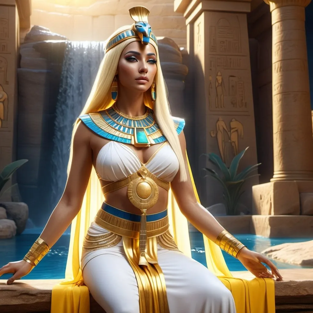 Prompt: HD 4k 3D, 8k, hyper realistic, professional modeling, ethereal Egyptian Goddess style, Puma Goddess, beautiful, waterfall oasis, glowing white skin, yellow hair, mythical gown, tiara, full body, Fantasy setting, surrounded by ambient divine glow, detailed, elegant, surreal dramatic lighting, majestic, goddesslike aura, octane render, artistic and whimsical