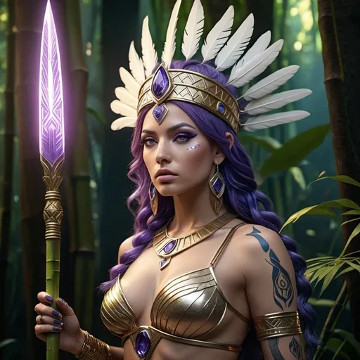 Prompt: HD 4k 3D, 8k, hyper realistic, professional modeling, ethereal Greek Goddess and Amazonian Queen, purple hair, ivory skin, gorgeous glowing face, Amazonian Warrior fur armor, sapphire jewelry and diadem, Amazon warrior, tattoos, full body, hunter, bamboo forest, surrounded by ambient divine glow, detailed, elegant, mythical, surreal dramatic lighting, majestic, goddesslike aura