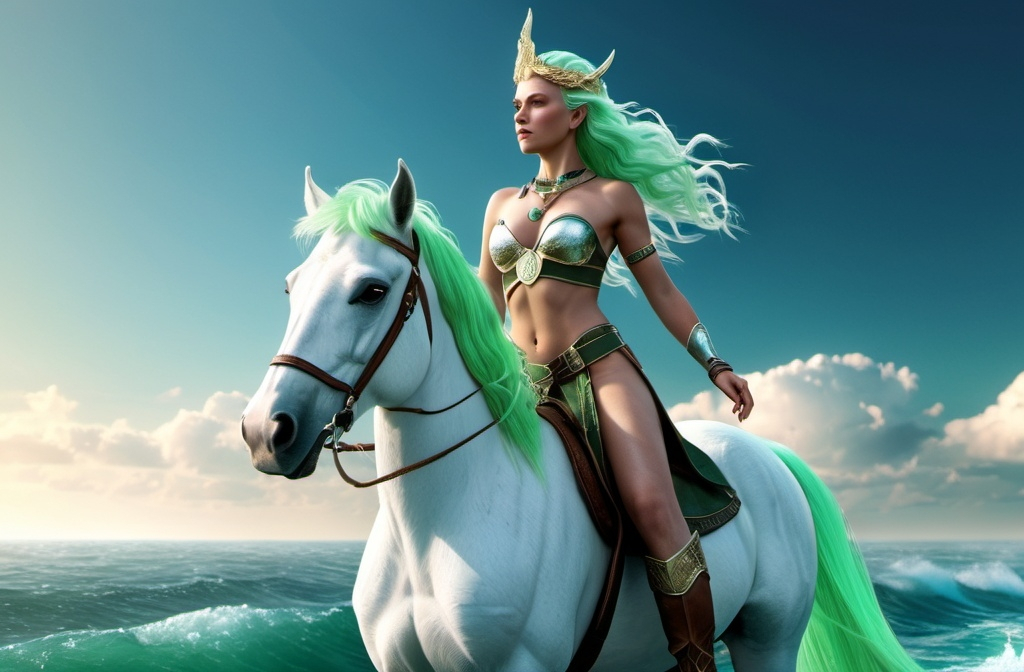 Prompt: Gna Norse Messenger Goddess,  hyper realistic, HD 4k 3D, professional modeling, ethereal, light green hair, medium skin, gorgeous face, gorgeous jewelry and headpiece, full body, she rides a flying sea-treading white horse, ambient glow, ocean landscape, detailed, elegant, ethereal, mythical, goddess, moody lighting, majestic, goddesslike aura, Norse Mythology