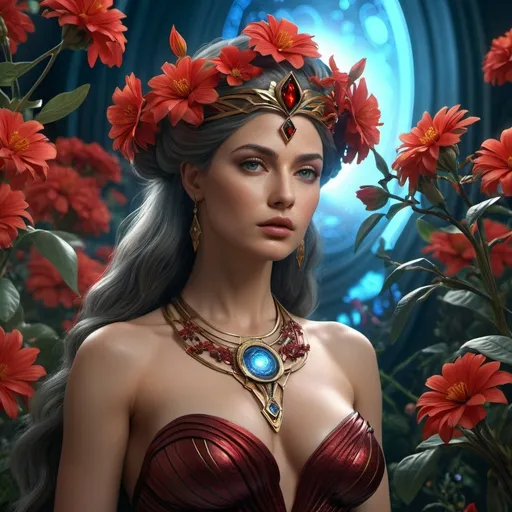 Prompt: HD 4k 3D 8k professional modeling photo hyper realistic beautiful woman Sci-Fi Space Princess ethereal greek goddess gorgeous face full body surrounded by ambient glow, flowers vegetation, enchanted, magical, detailed, highly realistic woman, high fantasy Alderaan background, elegant, mythical, surreal lighting, majestic, goddesslike aura, red and black flowers, Annie Leibovitz style 

