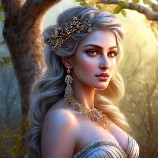 Prompt: HD 4k 3D, hyper realistic, professional modeling, ethereal mischievous Greek goddess of apple trees, light gray hair, mixed skin, gorgeous face, gorgeous tree inspired dress, rustic jewelry and tree headpiece, full body, ambient glow, fruit tree orchard, landscape, detailed, elegant, ethereal, mythical, Greek, goddess, surreal lighting, majestic, goddesslike aura
