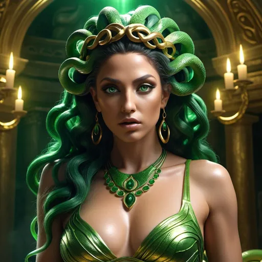 Prompt: HD 4k 3D, 8k, hyper realistic, professional modeling, ethereal Greek Goddess Gorgon Medusa, green snakes for hair, medium skin, gorgeous glowing face, skimpy gown, gold jewelry, guardian, protectress, evil, cave, surrounded by ambient divinity glow, detailed, elegant, mythical, surreal dramatic lighting, majestic, goddesslike aura