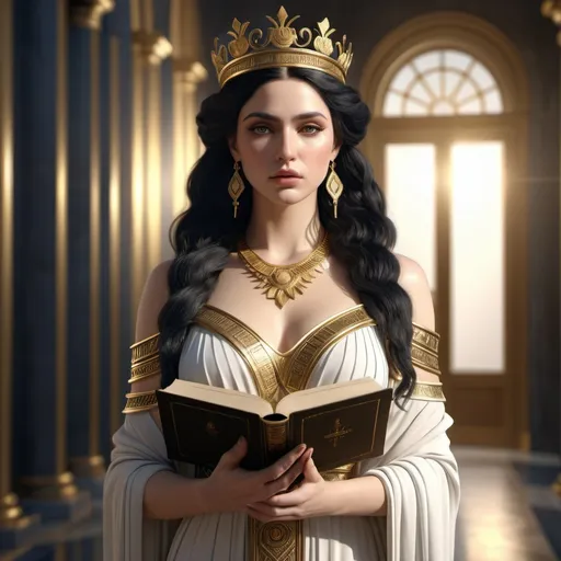 Prompt: HD 4k 3D, hyper realistic, professional modeling, ethereal Greek Muse of Epic Poetry, black hair, pale skin, gorgeous face, grecian chief dress, gold jewelry and crown, full body, poet, writer, holding book, assertive and wise, detailed, elegant, ethereal, mythical, Greek, goddess, surreal lighting, majestic, goddesslike aura