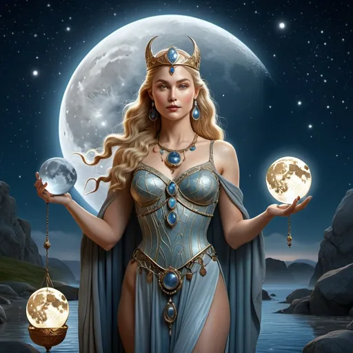 Prompt: tarot card  illustration, Bil Norse Goddess of lunar phases, waxing and waning moon, hyperrealistic, HD 4k 3D 8k professional modeling photo, beautiful pale woman enchanted, carrying pail of water, close up full body surrounded by ambient glow, magical, highly detailed, intricate, mythical background, elegant, surreal lighting, majestic, goddesslike aura