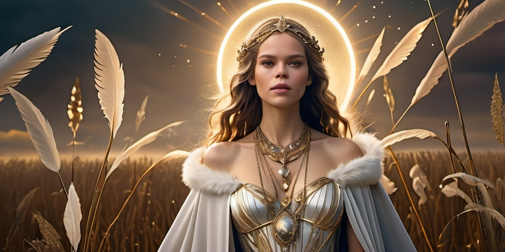 Prompt: Freja Norse Goddess of Love, beauty and gold,  hyperrealistic, HD 4k 3D 8k professional modeling photo, beautiful mixed tone maiden, enchanted, lady wears a feathered cloak and a beautiful necklace, surrounded by ambient glow in heavenly field, magical, highly detailed, intricate, mythical background, elegant, surreal lighting, majestic, goddesslike aura