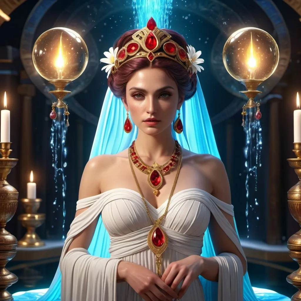 Prompt: HD 4k 3D, 8k, hyper realistic, professional modeling, ethereal Greek Goddess and Theban Oracle, red topsy tail hair, white skin, gorgeous glowing face, priestess gown, spinel jewelry and tiara, magical seer, spring of water by osteospermum flowers, fortune teller and diviner, surrounded by ambient divinity glow, detailed, elegant, mythical, surreal dramatic lighting, majestic, goddesslike aura