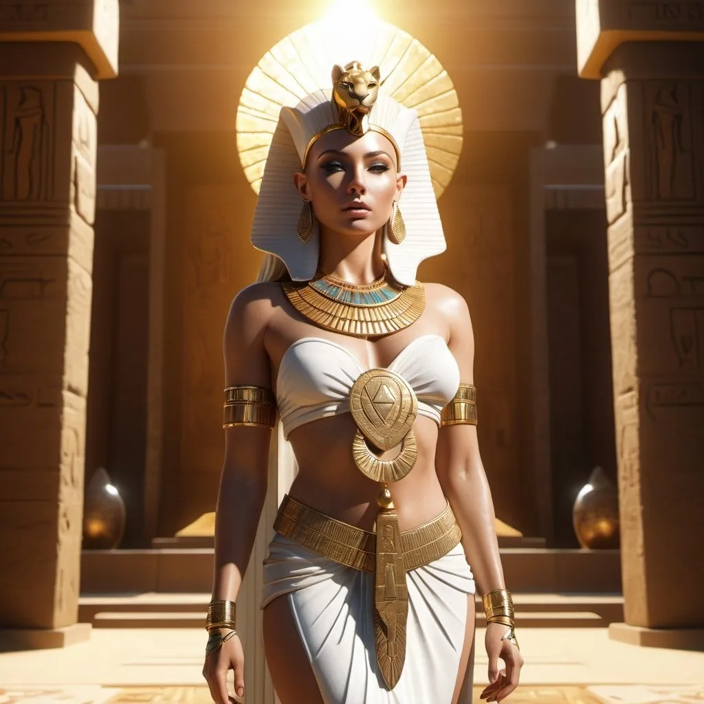 Prompt: HD 4k 3D, 8k, hyper realistic, professional modeling, ethereal Egyptian Goddess style, Lioness goddess, beautiful, glowing white skin, blonde hair, mythical fur clothing and jewelry, headpiece, full body, sunshine, Fantasy setting, surrounded by ambient divine glow, detailed, elegant, surreal dramatic lighting, majestic, goddesslike aura, octane render, artistic and whimsical