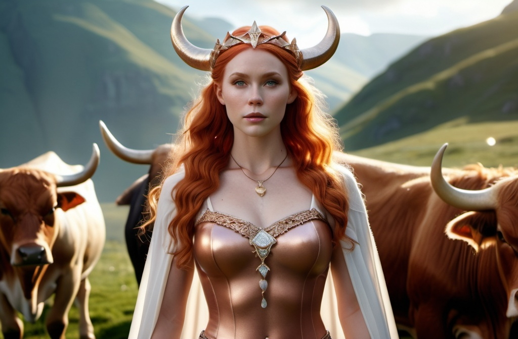 Prompt: Gefjon Norse Goddess of the Harvest and Oxen,  hyper realistic, HD 4k 3D, professional modeling, ethereal, light red  hair, fair skin, gorgeous face, gorgeous jewelry and tiara, full body, ambient glow, landscape, detailed, elegant, ethereal, mythical, goddess, surreal lighting, majestic, goddesslike aura, Norse Mythology