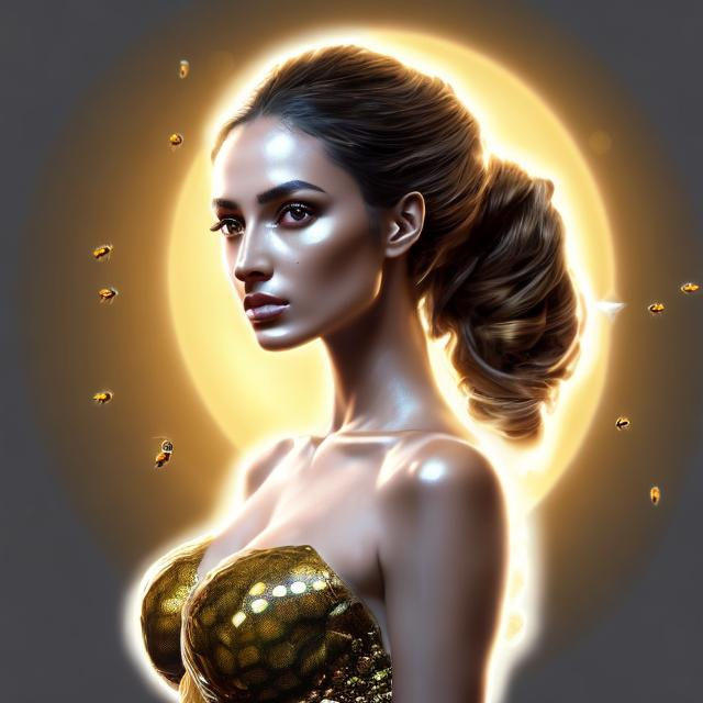 Prompt: HD 4k 3D, hyper realistic, professional modeling, ethereal Greek goddess of honey, black double ponytail hair, olive freckled skin, gorgeous face, gorgeous honeycomb dress, rustic jewelry and honeybee crown, full body, ambient glow, honey, beehives, honeybees, landscape, detailed, elegant, ethereal, mythical, Greek, goddess, surreal lighting, majestic, goddesslike aura