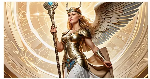 Prompt: tarot card illustration, Eir Norse Goddess Valkyrie of healing and mercy, hyperrealistic, HD 4k 3D 8k professional modeling photo, beautiful tan maiden, enchanted, battle magic, surrounded by ambient glow, magical, highly detailed, intricate, mythical background, elegant, surreal lighting, majestic, goddesslike aura