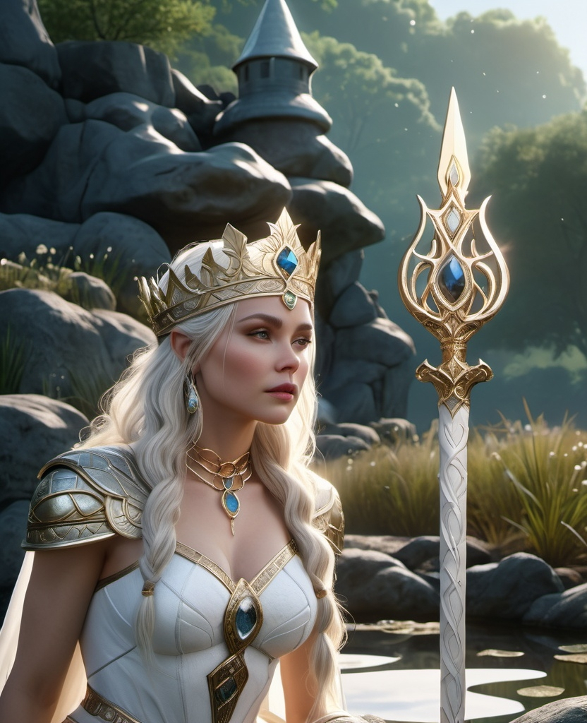 Prompt: Frigg Norse beloved Queen Goddess,  hyper realistic, HD 4k 3D, professional modeling, ethereal, white hair, white skin, gorgeous face, gorgeous jewelry and crown, full body, ambient glow, castle in the wetlands landscape, detailed, elegant, ethereal, mythical, goddess, surreal lighting, majestic, goddesslike aura