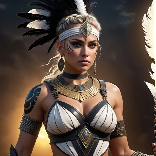 Prompt: HD 4k 3D, 8k, hyper realistic, professional modeling, ethereal Greek Goddess and Amazonian Warrior, white messy bun hair, mixed skin, gorgeous glowing face, Amazonian Warrior armor, obsidian jewelry and headband, Amazon warrior, tattoos, full body, plains and fields, adorned with black feathers, furious and strong, surrounded by ambient divine glow, detailed, elegant, mythical, surreal dramatic lighting, majestic, goddesslike aura