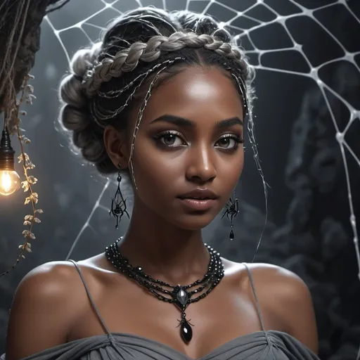 Prompt: HD 4k 3D, 8k, hyper realistic, professional modeling, ethereal Greek Goddess of Spiders, dark gray fishtail braided hair, dark skin, gorgeous face, spiderweb dress, black gemstone jewelry and baby's-breath headband, creepy dark web background, woven baskets, spiders, surrounded by ambient divine glow, detailed, elegant, ethereal, mythical, Greek, goddess, surreal lighting, majestic, goddesslike aura