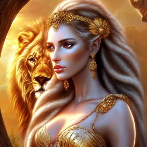 Prompt: HD 4k 3D, hyper realistic, professional modeling, ethereal Greek goddess of beauty, white hair, tan skin, red embroidered gown, gorgeous face, ruby and gold jewelry and headband, full body, ambient glow, beautiful goddess on rocks with a lion, bonfire at evening, detailed, elegant, ethereal, mythical, Greek, goddess, surreal lighting, majestic, goddesslike aura