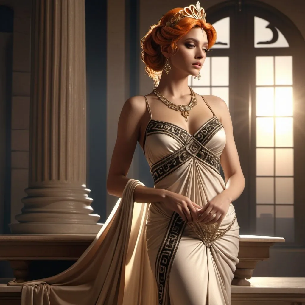 Prompt: HD 4k 3D, hyper realistic, professional modeling, ethereal Greek Goddess of Sewing, orange topsy tail hair, beige skin, gorgeous face, grecian embroidered gown, black pearl jewelry and tiara, full body, seamstress, sews fates, in a tower, spindle, detailed, elegant, ethereal, mythical, Greek, goddess, surreal lighting, majestic, goddesslike aura