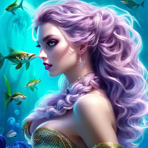 Prompt: HD 4k 3D 8k professional modeling photo hyper realistic beautiful evil woman ethereal greek goddess prophetic sea nymph
light purple fishtail braid hair gorgeous face  jewelry headpiece white mermaid tail and top full body surrounded by ambient glow hd landscape underwater shipwreck

