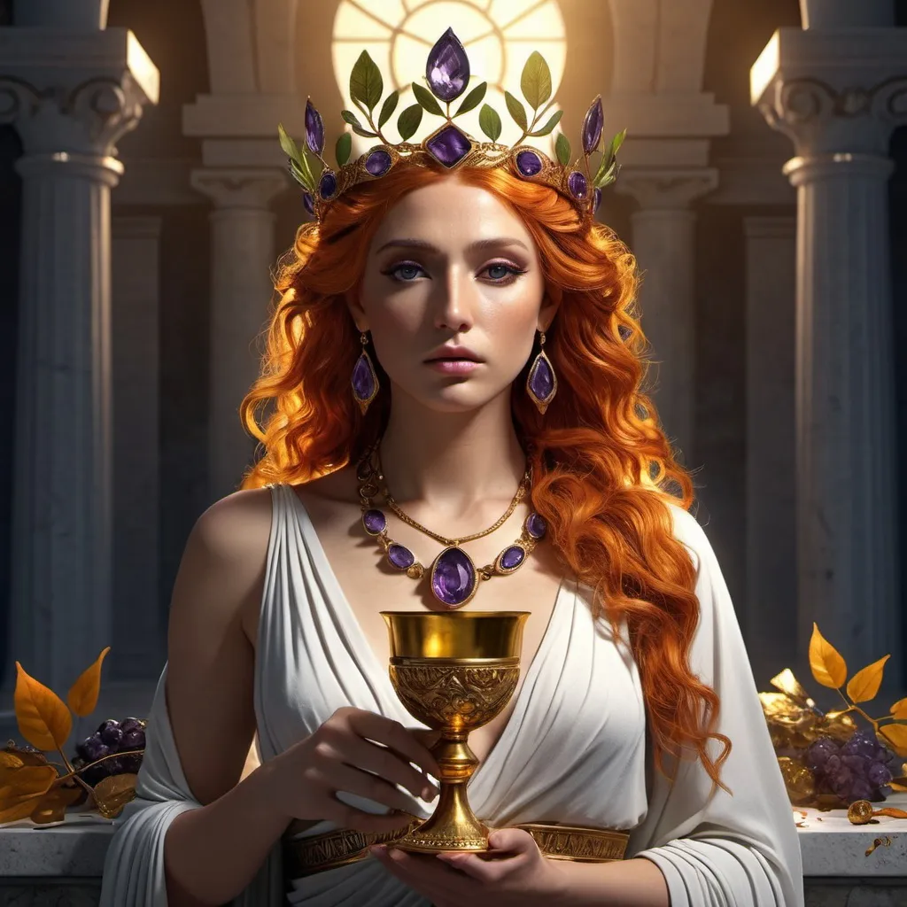 Prompt: HD 4k 3D, hyper realistic, professional modeling, ethereal Greek Muse of Tragedy, bright orange hair, mixed skin, gorgeous face, grecian long sleeved dress, amethyst jewelry and crown of leaves, full body, in mourning, goblet, in tomb, holding dagger, precious jewels,  detailed, elegant, ethereal, mythical, Greek, goddess, surreal lighting, majestic, goddesslike aura