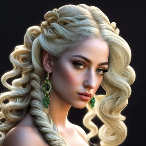 Prompt: HD 4k 3D, hyper realistic, professional modeling, ethereal Greek goddess of prosperity, blonde and green fishtail braids with goat horns, mixed skin, natural gown, gorgeous face, rustic jewelry and goat horns, full body, ambient glow, alluring earth goddess, detailed, elegant, ethereal, mythical, Greek, goddess, surreal lighting, majestic, goddesslike aura