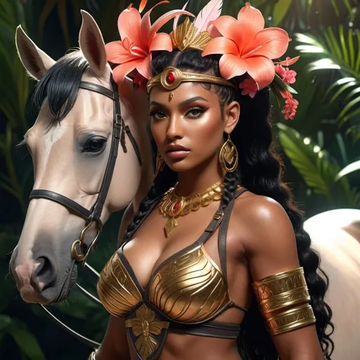 Prompt: HD 4k 3D, 8k, hyper realistic, professional modeling, ethereal Greek Goddess and Amazonian Queen, red double buns hair, dark skin, gorgeous glowing face, Amazonian Warrior armor, ametryn jewelry and diadem, Amazon warrior, tattoos, full body, tropics, adorned with flamingo feathers and tropical flowers, riding horse, surrounded by ambient divine glow, detailed, elegant, mythical, surreal dramatic lighting, majestic, goddesslike aura