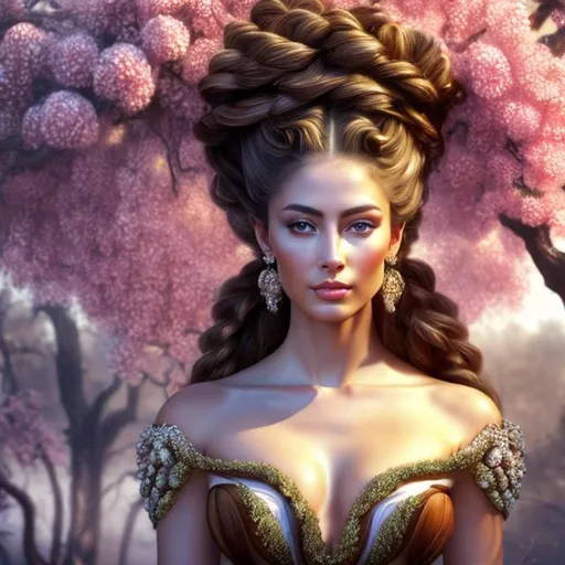 Prompt: HD 4k 3D, hyper realistic, professional modeling, ethereal  Greek goddess of walnuts and hazelnuts, pink dutch braids hair, black skin, gorgeous face, gorgeous tree dress, tree jewelry and walnut hazelnut crown, full body, ambient glow, walnut and hazelnut tree nymph, landscape, detailed, elegant, ethereal, mythical, Greek, goddess, surreal lighting, majestic, goddesslike aura