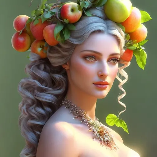 Prompt: HD 4k 3D, hyper realistic, professional modeling, ethereal  Greek goddess of fruit trees, white pulled back hair, fair skin, gorgeous face, gorgeous fruit tree dress, tree jewelry and fruit crown, full body, ambient glow, fruit tree nymph, landscape, detailed, elegant, ethereal, mythical, Greek, goddess, surreal lighting, majestic, goddesslike aura