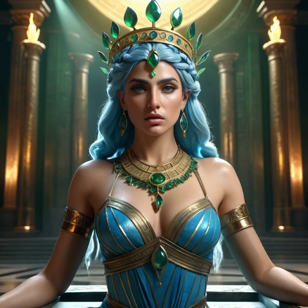 Prompt: HD 4k 3D, 8k, hyper realistic, professional modeling, ethereal Greek Goddess Calydonian Princess, blue hair, olive skin, gorgeous glowing face, flowing dress, green gemstone jewelry and crown, combat warrior, drives a chariot, bloody, surrounded by ambient divinity glow, detailed, elegant, mythical, surreal dramatic lighting, majestic, goddesslike aura