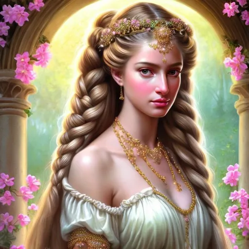 Prompt: HD 4k 3D, hyper realistic, professional modeling, ethereal Greek goddess of amusement, white and pink french braided pigtails, brown skin, yellow peasant gown, gorgeous face, earth inspired jewelry and tiara, full body, ambient glow, beautiful playful maiden in meadow, innocence, detailed, elegant, ethereal, mythical, Greek, goddess, surreal lighting, majestic, goddesslike aura