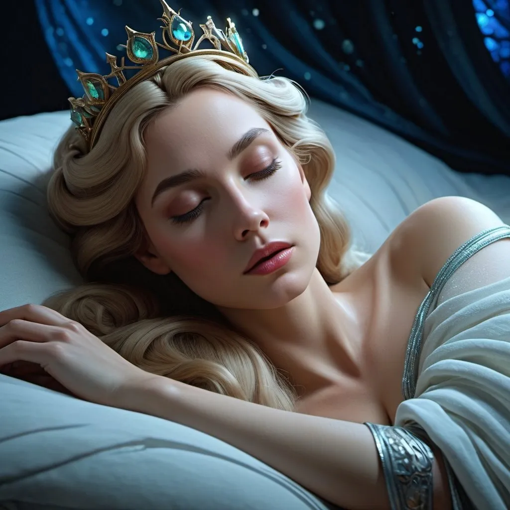 Prompt: HD 4k 3D, hyper realistic, professional modeling, enchanted modern Alternative Rock style Aurora Sleeping Beauty, beautiful, magical, detailed, highly realistic woman, elegant, ethereal, mythical, Greek goddess, surreal lighting, majestic, goddesslike aura, Annie Leibovitz style 