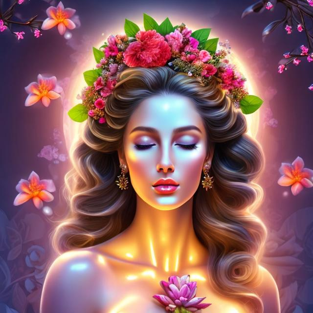 Prompt: HD 4k 3D, hyper realistic, professional modeling, ethereal Greek goddess of flower buds, red ombre hair, black skin, floral gown, gorgeous face, floral jewelry and headpiece, full body, ambient glow, beautiful goddess surrounded by budding flowers in spring, flower buds,  detailed, elegant, ethereal, mythical, Greek, goddess, surreal lighting, majestic, goddesslike aura