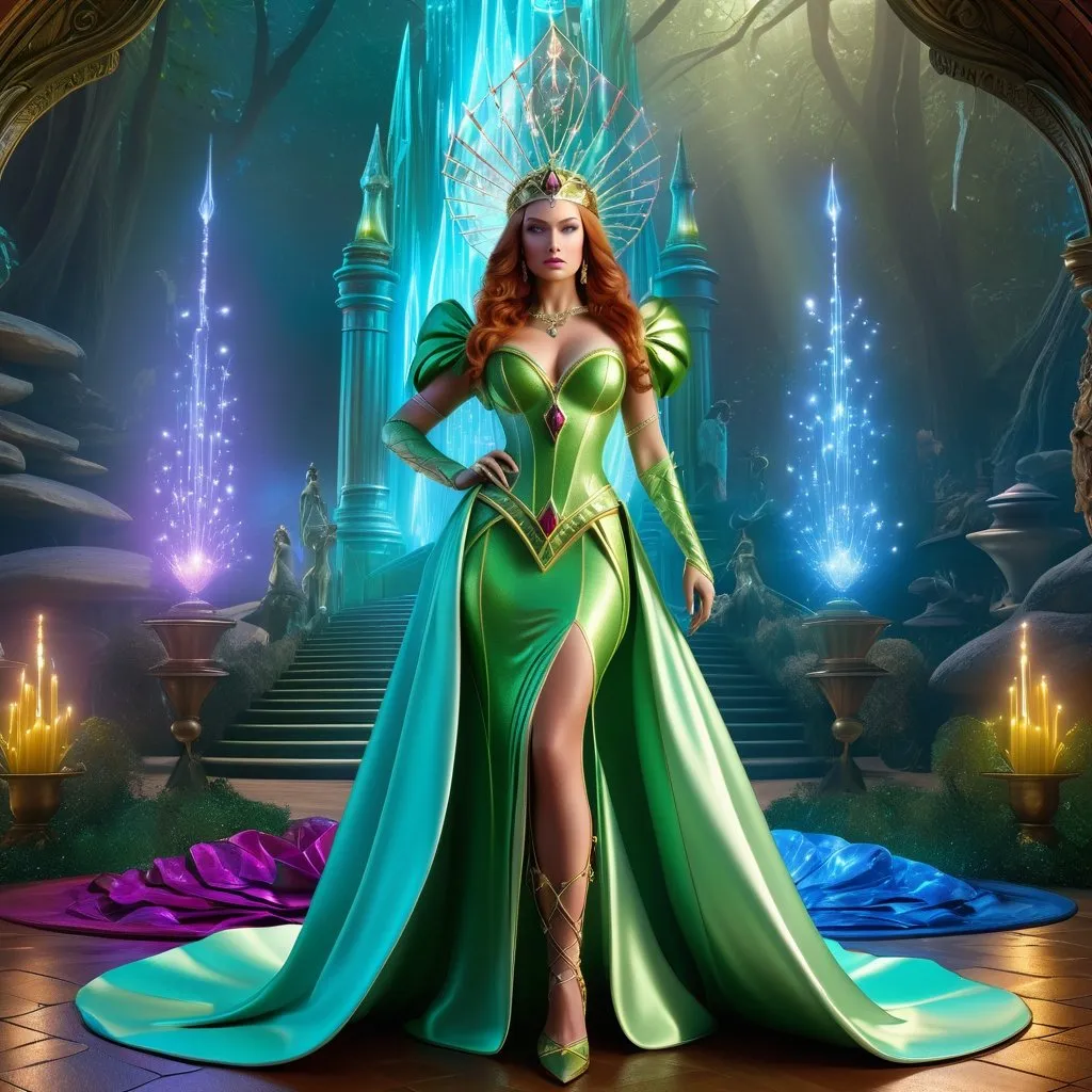 Prompt: HD 4k 3D 8k professional modeling photo hyper realistic beautiful woman enchanted, Oz Princess Gaylette, Gayelette was an ancient princess and sorceress who lived in a ruby palace in the northern quadrant called Gillikin Country of the Land of Oz., full body surrounded by ambient glow, magical, highly detailed, intricate, outdoor  landscape, high fantasy background, elegant, mythical, surreal lighting, majestic, goddesslike aura, Annie Leibovitz style 