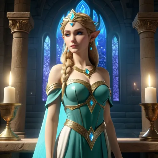 Prompt: HD 4k 3D, hyper realistic, professional modeling, enchanted Elf Princess - Zelda beautiful, magical, mystical castle, detailed, elegant, ethereal, mythical, Greek goddess, surreal lighting, majestic, goddesslike aura
