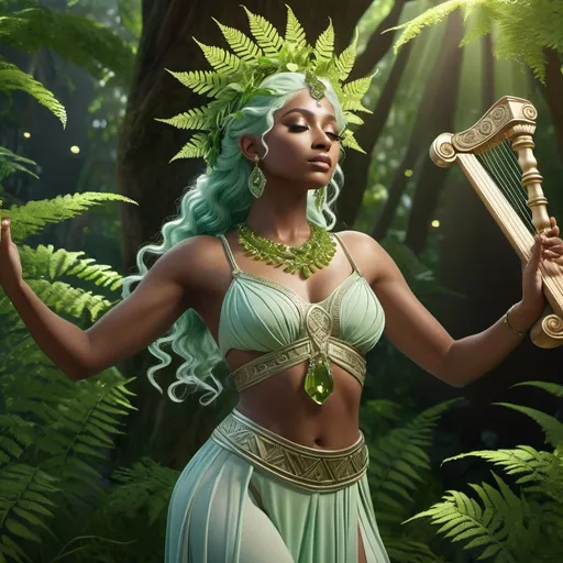 Prompt: HD 4k 3D, hyper realistic, professional modeling, ethereal Greek Muse of Dance, pale green hair, dark skin, gorgeous face, grecian two piece outfit, peridot jewelry and diadem, full body, dancer, playing lyre, surrounded by ferns, delight,  detailed, elegant, ethereal, mythical, Greek, goddess, surreal lighting, majestic, goddesslike aura