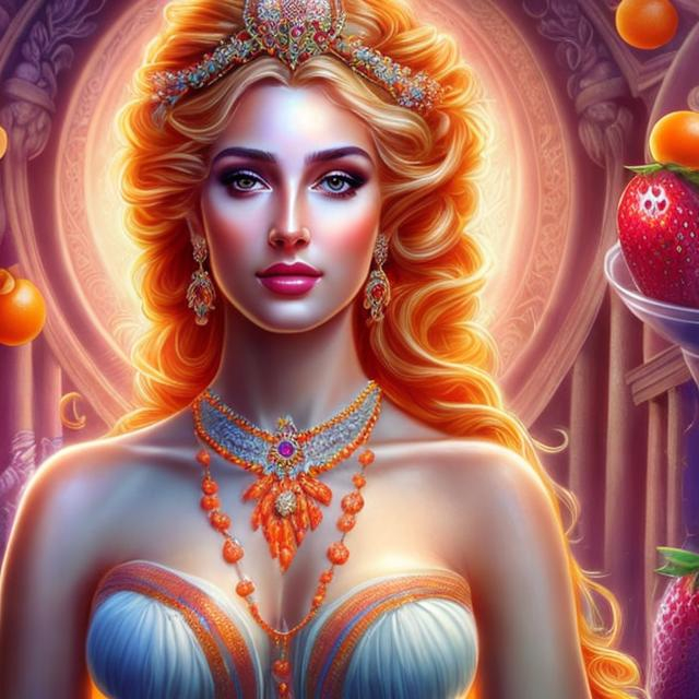 Prompt: HD 4k 3D, hyper realistic, professional modeling, ethereal Greek goddess of fruits, orange ombre hair, white skin, embroidered gown, gorgeous face, colorful jewelry and tiara, full body, ambient glow, beautiful goddess surrounded by fruits in spring, fruits and springtime,  detailed, elegant, ethereal, mythical, Greek, goddess, surreal lighting, majestic, goddesslike aura