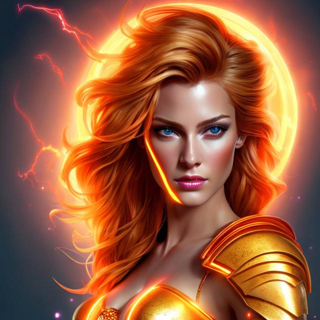 Prompt: HD 4k 3D 8k professional modeling photo hyper realistic beautiful  woman ethereal greek goddess of lightning
red orange and yellow hair tan skin gorgeous face shining gold armor shield gold jewelry lightning headpiece pixie wings full body surrounded by ambient  glow hd landscape power of lighting in the sky 

