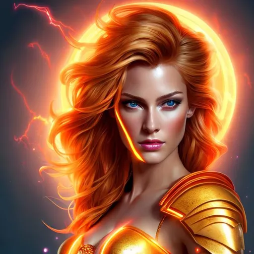 Prompt: HD 4k 3D 8k professional modeling photo hyper realistic beautiful  woman ethereal greek goddess of lightning
red orange and yellow hair tan skin gorgeous face shining gold armor shield gold jewelry lightning headpiece pixie wings full body surrounded by ambient  glow hd landscape power of lighting in the sky 

