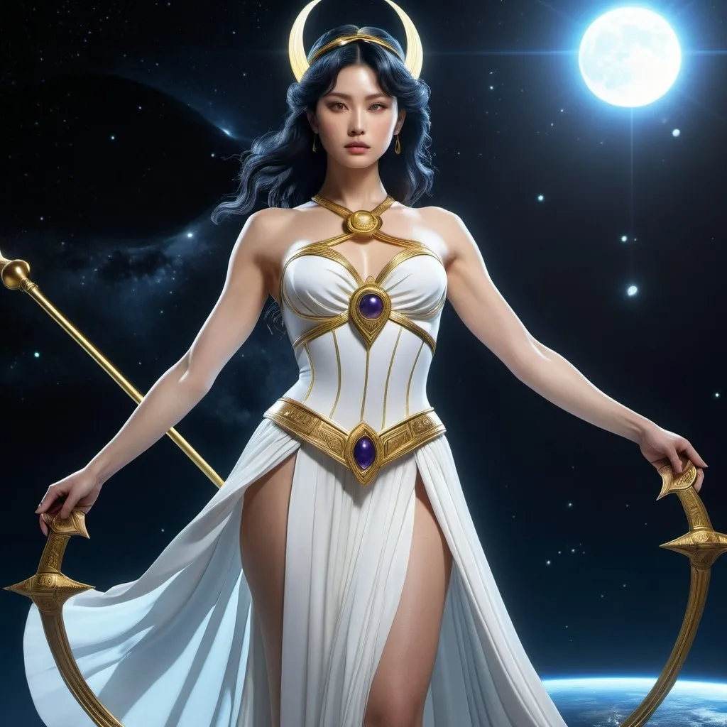 Prompt: HD 4k 3D 8k professional modeling photo hyper realistic beautiful woman enchanted Saturn Princess Hotaru, ethereal greek goddess, full body surrounded by ambient glow, magical, highly detailed, intricate, beautiful Sailor Saturn style, Saturn, goddess of death, scythe, symbols of death, force field, outdoor landscape, highly realistic woman, high fantasy background, elegant, mythical, surreal lighting, majestic, goddesslike aura, Annie Leibovitz style 

