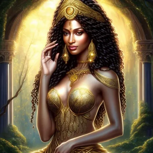 Prompt: HD 4k 3D, hyper realistic, professional modeling, ethereal  lovely Greek goddess of trees, gold bubble braid hair, brown skin, gorgeous face, gorgeous tree priestess dress, tree jewelry and priestess diadem, full body, ambient glow, tree nymph, landscape, detailed, elegant, ethereal, mythical, Greek, goddess, surreal lighting, majestic, goddesslike aura