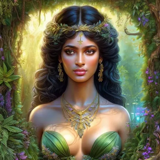 Prompt: HD 4k 3D, hyper realistic, professional modeling, ethereal Greek goddess of echoes, black hair, mixed skin, gorgeous face, gorgeous wild foliage dress,  rustic jewelry and tiara, full body, ambient glow, forest nymph, landscape next to pond with lilypads, detailed, elegant, ethereal, mythical, Greek, goddess, surreal lighting, majestic, goddesslike aura