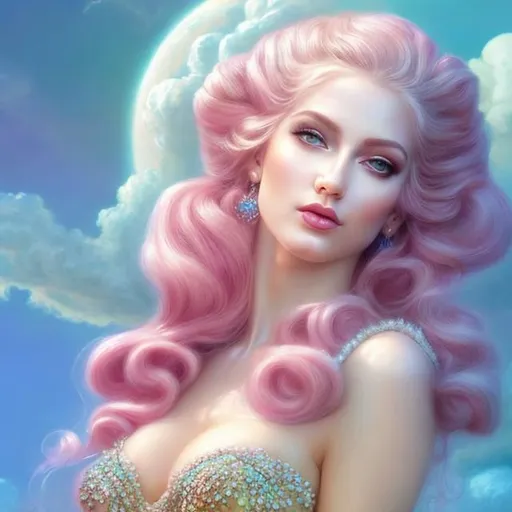 Prompt: HD 4k 3D, hyper realistic, professional modeling, ethereal Greek goddess of the Clouds, pink hair in double buns, gorgeous face, pale skin, gorgeous pastel gown, gemstone jewelry and tiara, pixie wings, full body, ambient glow, sitting in the colorful clouds, dazzling light, landscape, detailed, elegant, ethereal, mythical, Greek, goddess, surreal lighting, majestic, goddesslike aura