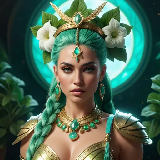 Prompt: HD 4k 3D, 8k, hyper realistic, professional modeling, ethereal Greek Goddess and Amazonian Warrior, green ponytail hair, ivory skin, gorgeous glowing face, Amazonian Warrior armor, apatiite jewelry and crown, Amazon warrior and hunter, full body, adorned with petunia flowers, strong, powerful, surrounded by ambient divine glow, detailed, elegant, mythical, surreal dramatic lighting, majestic, goddesslike aura