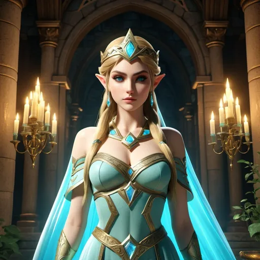 Prompt: HD 4k 3D, hyper realistic, professional modeling, enchanted Elf Princess - Zelda, beautiful, magical, mystical castle, detailed, elegant, ethereal, mythical, Greek goddess, surreal lighting, majestic, goddesslike aura