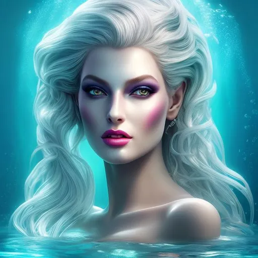 Prompt: HD 4k 3D 8k professional modeling photo hyper realistic beautiful evil woman ethereal greek goddess prophetic sea nymph
ocean blue hair gorgeous face  jewelry crown mermaid tail full body surrounded by ambient glow hd landscape sea sorceress magic underwater grotto of magic
