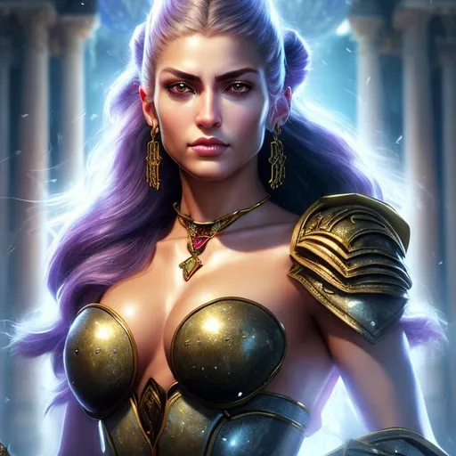 Prompt: HD 4k 3D 8k professional modeling photo hyper realistic beautiful woman ethereal greek goddess of judicial punishment
light purple pigtails hair brown eyes olive skin gorgeous face shimmering gem encrusted armor regal jewelry regal headpiece holding keys and weapon full body surrounded by ambient glow hd landscape background she guards prisoners, cells, prison, cages, lions and tigers
