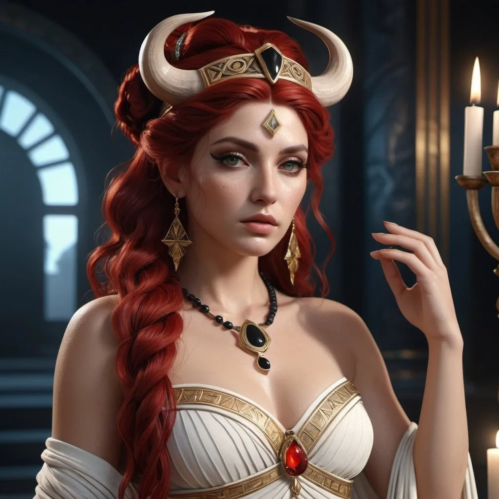 Prompt: HD 4k 3D, hyper realistic, professional modeling, ethereal Greek Goddess Witch, red half up twisted hair, ivory skin, gorgeous face, grecian embroidered gown, obsidian jewelry and headband, full body, witchcraft, sorceress, magical island, white bull companion, detailed, elegant, ethereal, mythical, Greek, goddess, surreal lighting, majestic, goddesslike aura