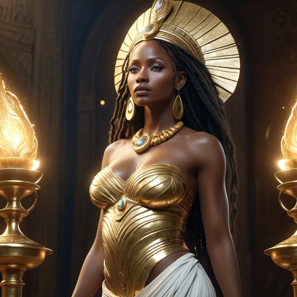 Prompt: HD 4k 3D, hyper realistic, professional modeling, enchanted African goddess mythology Princess, beautiful, magical, detailed, highly realistic woman, high fantasy background, Africa, elegant, ethereal, mythical, Greek goddess, surreal lighting, majestic, goddesslike aura, Annie Leibovitz style 