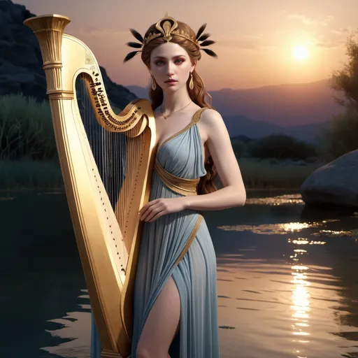 Prompt: HD 4k 3D, hyper realistic, professional modeling, ethereal Greek Muse of Upper Chord of the Lyre, light brown hair, pale skin, gorgeous face, grecian velvet dress, ruby jewelry and headpiece, full body, tall and lithe, playing music, cattails next to stream, twilight, detailed, elegant, ethereal, mythical, Greek, goddess, surreal lighting, majestic, goddesslike aura
